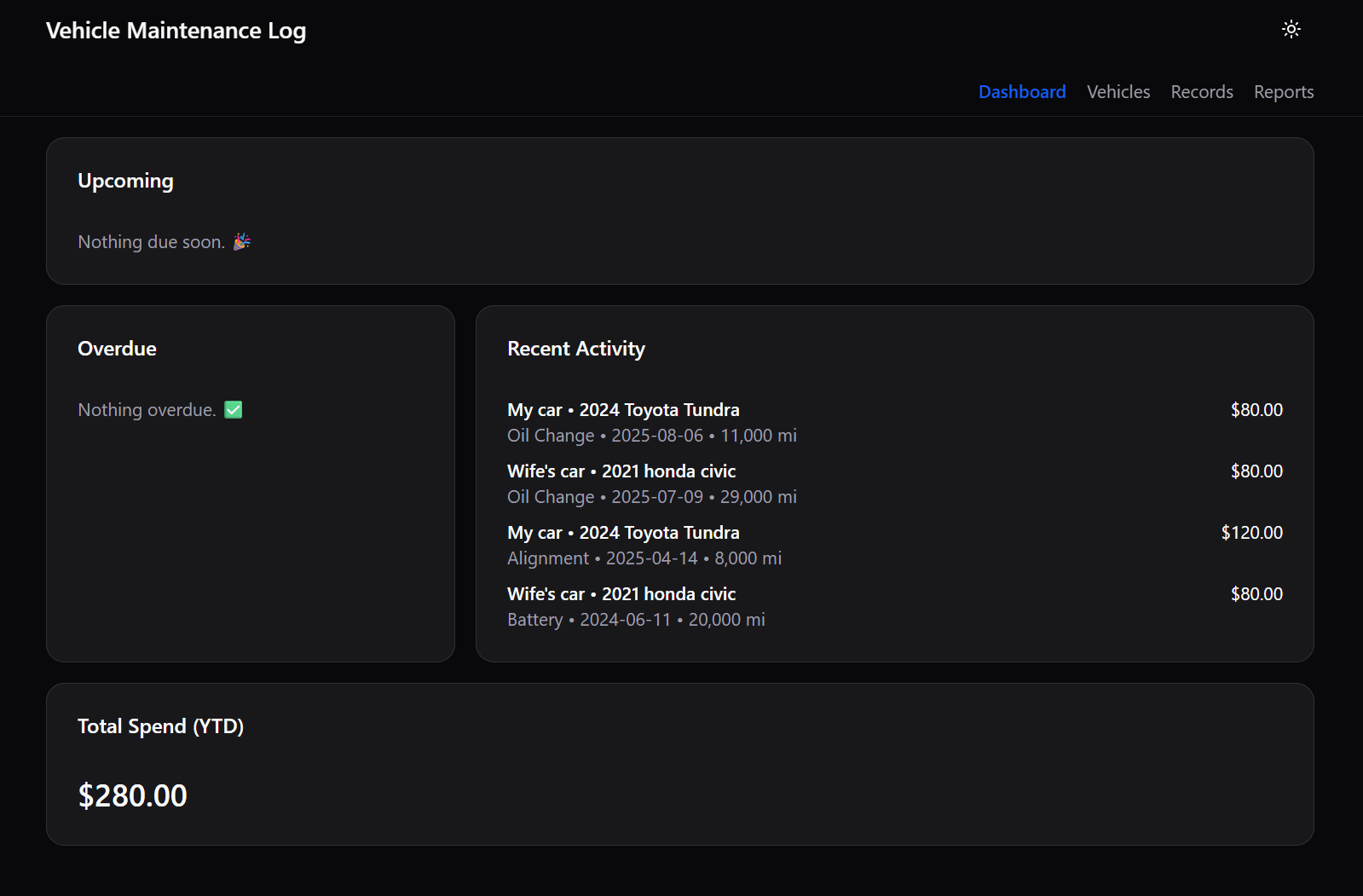 Vehicle Maintenance Log Dashboard view