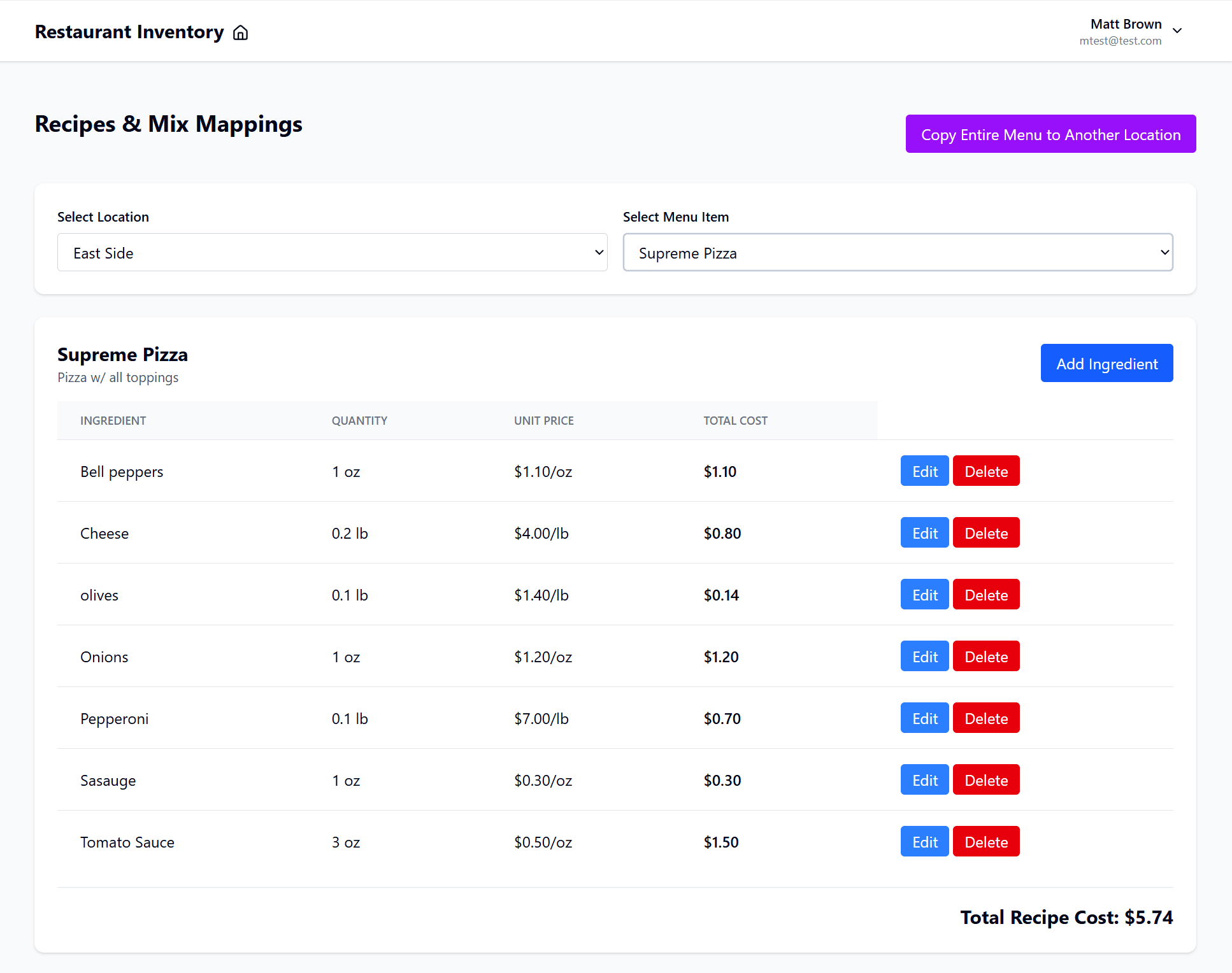 Restaurant Inventory recipes view